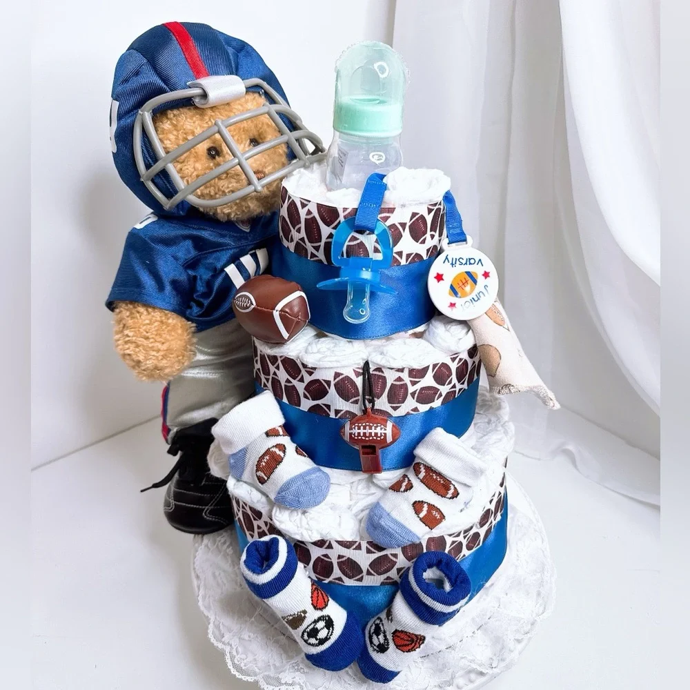 Football Themed Diaper Cake with Teddy Bear, Baby shower gift